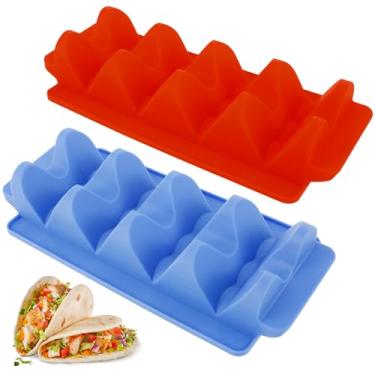 Imagem de QUWUMGD Suporte de taco grande com 4 compartimentos de silicone de grau alimentício suportes coloridos reutilizáveis para tacos resistentes ao calor, bandejas de taco laváveis na lava-louças, pratos