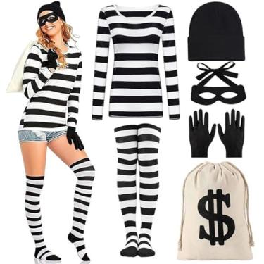 Imagem de Modernplus Conjunto de fantasia de ladrão de Halloween para mulheres, acessórios de festa cosplay de ladrão incluem camiseta listrada de manga comprida, Preto e branco, M