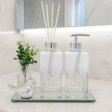 Imagem de Kit Banheiro Lavabo Completo Vidro Degrade Luxuoso Com Bandeja Vasinho Passarinho (Branco com Prata)