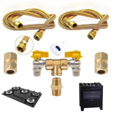 Imagem de Kit Duplo de Instalação para Gás Encanado, Mangueira Trançada Dourada com Válvulas, Compatível com Cooktop, Fogão e Forno Brastemp, Electrolux, Consul (1,20 Metros)
