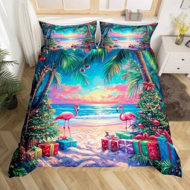 Imagem de Jogo de cama casal flamingo, árvore de Natal, praia do Havaí, para decoração de quarto de crianças, meninas, meninos, tema de Natal, 3 peças, capa de edredom de Feliz Natal, 2 fronhas
