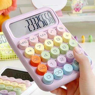 Imagem de Calculadora mecânica colorida, tela grande de 12 dígitos, calculadora de mesa com botões grandes, fofa e estética para mesa, escritório, roxo