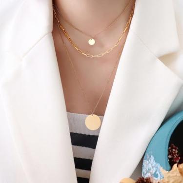 Imagem de Colar feminino banhado a ouro 18 K - Colar delicado com pingente de fivela de disco de camada dupla, hipoalergênico, não mancha, presente personalizado de Natal, aniversário, joias modernas, 15.75