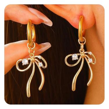 Imagem de Brincos pendentes de laço dourado para mulheres, brincos modernos de fita de strass para casamento, formatura, festa, joias para presentes, One Size, Metal, Sem pedra preciosa