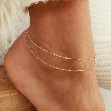 Imagem de Tornozeleira dourada feminina de camada dupla com contas pequenas