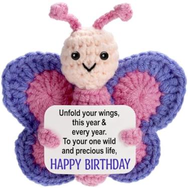 Imagem de WEYON Birthday Gifts for Women, Tiny Crochet Butterfly Plush with Pink Purple Wings Holding Positive Note unflod Your Winds, Happy Birthday Decoration & Gift for Women