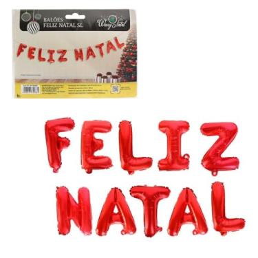 Imagem de Natal Kit de Balões Metalizados Vermelhos, Decoração Feliz Natal, 37cm x 30cm, com Assoprador e 6 Metros de Fitilho