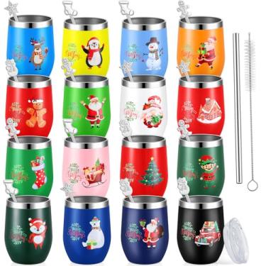 Imagem de Sliner Conjunto de colheres de copo de vinho engraçadas de Natal, 16 peças, copo de aço inoxidável de 340 g com pincel de palha, parede dupla, isolada, caneca de café para viagem, decoração de festa