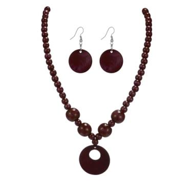 Imagem de KZL Conjunto de brincos com pingente de contas de madeira vintage redondo boêmio colorido contas de madeira natural suéter gargantilha colar declaração conjunto de joias étnicas para mulheres, Madeira