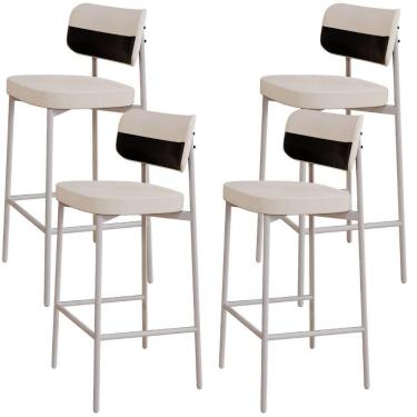 Imagem de Kit 04 Banquetas Alta Bar Cozinha Sala De Jantar Aço Branco Kaira C01 Linho Palha Courino Preto - Lyam Decor