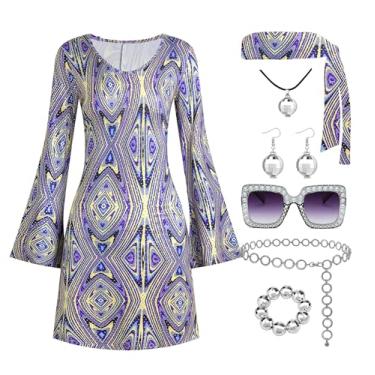 Imagem de Deerjoke Roupa de discoteca feminina dos anos 70, 7 peças, vestido de discoteca, fantasia hippie, acessórios de roupas, joias, dia das bruxas, Roxa, XXG