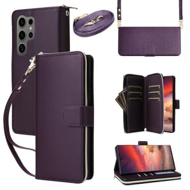 Imagem de Capa carteira para Samsung Galaxy S24 Ultra com cordão ajustável e alça de pulso - Couro sintético durável e TPU, 9 compartimentos para cartão, fecho magnético, suporte, capa de proteção total à prova