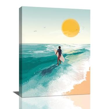 Imagem de Arte de parede de surfe na praia, oceano, onda, litoral, tela, decoração de parede, verão, natureza, paisagem marítima, pintura, impressão, emoldurado, decoração, para banheiro, sala de estar