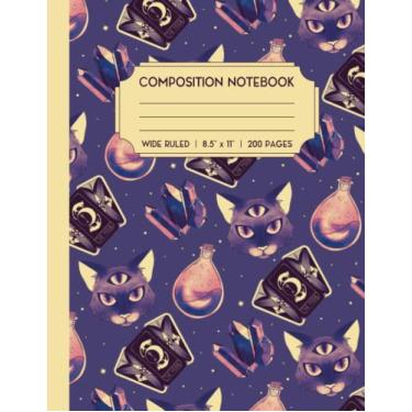 Imagem de Witch Composition Notebook: Blank Wiccan Journal with Three-eyed Cat and Tarot Card Deck | Wide Ruled, 8.5 x 11 in, 200 pages