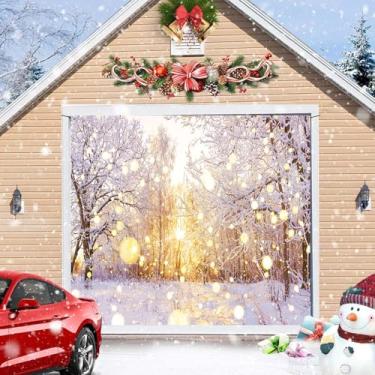 Imagem de 2,8 x 2,3 m Cena de neve de inverno país das maravilhas fundo de porta de garagem caindo floco de neve quente luz solar bokeh glitter pontos fotografia pano de fundo adulto crianças cenário de inverno