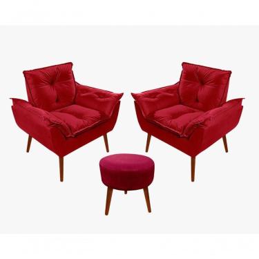 Imagem de Kit C-02 Poltronas Opala + 01 Puff Redondo Danny Suede Vermelho