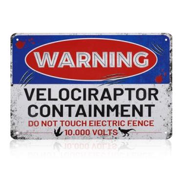 Imagem de Placa Metal Vintage de Dinossauro, Aviso Perigo Contenção Velociraptor Decoração Perfeita para Festa de Aniversário com Tema Dinossauros para Meninos