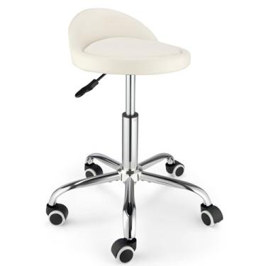Imagem de FNZIR Banqueta giratória com rodas com altura ajustável, cadeira de desenho com encosto, base estável, pé branco
