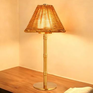 Imagem de Luminária de mesa Mr.White recarregável sem fio com persiana de vime, luz de mesa portátil operada por bateria de 5200 mAh com controle de toque, para pátio, restaurante, cozinha, jantar (ouro)