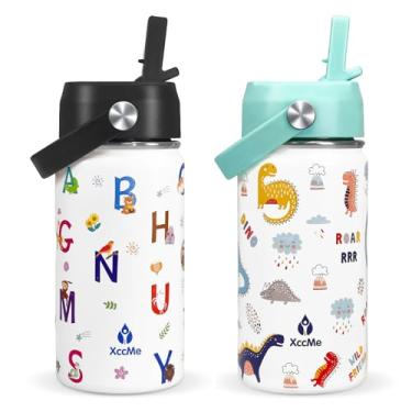 Imagem de XccMe Garrafa de água infantil com tampa de palha, garrafa de viagem de aço inoxidável de 400 ml, copo infantil à prova de vazamento de parede dupla, copo isolado para crianças, garrafa de metal para