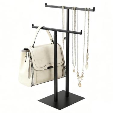 Imagem de Suporte de exibição de bolsa, torres de joias, preto duplo em forma de T, gancho de mesa de aço inoxidável, suporte de bolsa de altura ajustável para organizador, bolsas de luxo, colares, loja