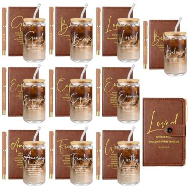 Imagem de AmazingSpark 30 peças de presente cristão a granel para mulheres e homens copos de vidro com tampa canudo versículo bíblico caderno de oração de couro com caneta esferográfica, presente religioso para