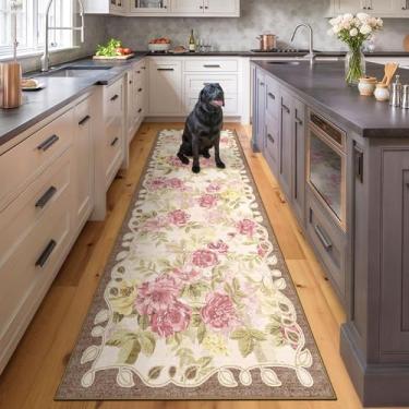 Imagem de GERUIMO Tapete de corredor lavável de 6 x 20 cm, tapete de área de corredor de cozinha, floral boho vintage rosa, tapete ultra antiderrapante, tapete de lã sintética macia, adequado para crianças e