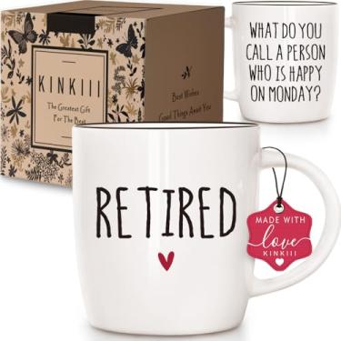 Imagem de Caneca de café divertida de aposentadoria presentes para mulheres e homens, What Do You Call a Person Who Is Happy on Monday, presente de aposentadoria bem-humorado para marido, esposa, amigos