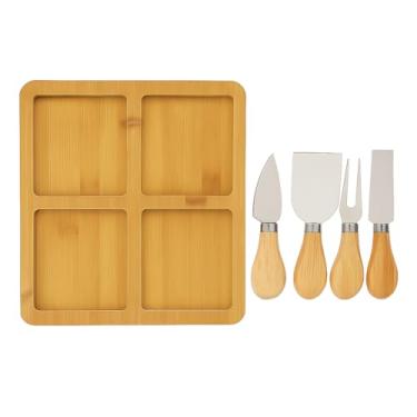 Imagem de Kit Tábua De Petiscos Quadrada MDF 4 Divisórias 23cm Com Kit Para Queijo 4 Peças Em Aço Inox E Madeira
