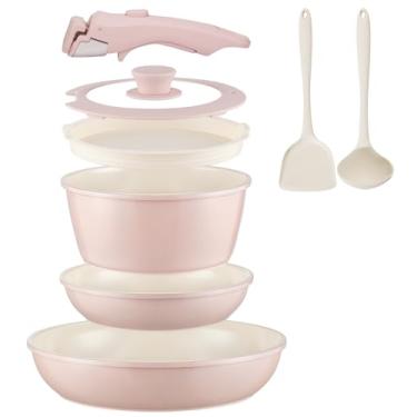 Imagem de Conjunto de panelas de cerâmica antiaderente, conjunto de panelas e frigideiras, cabo removível, indução, conjunto de cozinha com frigideiras, forno, lava-louças, livre de PFAS/PFOA, rosa
