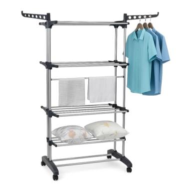 Imagem de Varal Vertical de Chão 3 Andares Ajustáveis Dobrável Multiuso com Rodinhas 360 Cabideiro (Cinza)