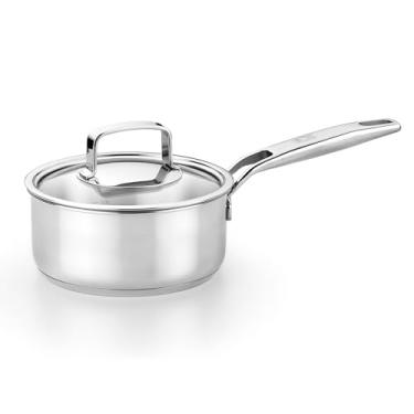 Imagem de BRA Panela de aço inoxidável exclusiva da Cookware com tampa de vidro | Panela de grau profissional de 15 cm e 1,2 litros | Panela de aquecimento sem PFOA | Todas as cooktops | Todas as cooktops