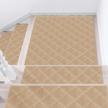 Imagem de Drydiet O conjunto de 32 peças de degraus antiderrapantes inclui 30 peças de tapete de escada de borda de 71 x 23 cm, 2 peças de tapetes de escada de 76 x 76 cm para escadas internas de madeira para