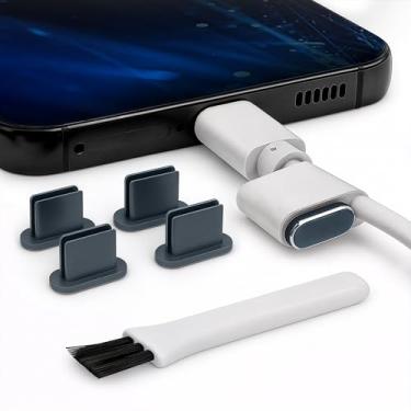 Imagem de PortPlugs Plugues de poeira USB C – Protetores de alumínio para iPhone 16/15, Samsung Galaxy S25/S24/S20, Note, A15, Pixel & Tipo-C Androids – Inclui suportes de cabo e escova de limpeza | Cinza