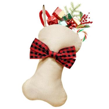 Imagem de Meia grande de Natal para cães, 43 x 25 cm, meia de Natal para cães, gatos, animais de estimação, juta em forma de osso de cachorro, com gravata borboleta xadrez vermelha e preta, enfeite de árvore de