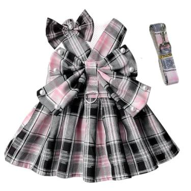 Imagem de Conjunto de arnês e coleira xadrez para cachorro com acessórios de gravata borboleta, roupas para filhotes de cachorro pequeno, meninas, gato, roupa de verão, respirável, saia de princesa para animais