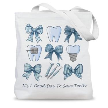 Imagem de LADOCK Sacola odontológica Coquette Blue Bow, presentes de dentista para mulheres, sacolas de lona, presentes de higiene para assistente dental, It's a Good Day to Save Teeth Sacos de compras