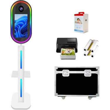 Imagem de Cabine fotográfica oval espelhada, tela sensível ao toque de 15,6, cabine fotográfica para selfie, para festas, eventos e aluguel de casamento (branco, cabine fotográfica com impressora)