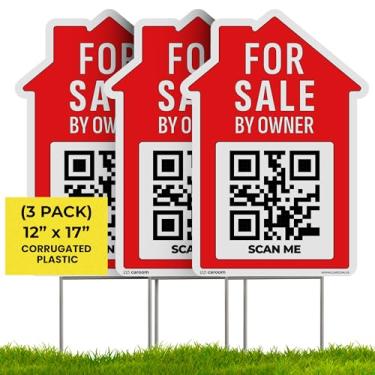 Imagem de Placa de 30 x 43 cm para venda por Owner Yard (embalagem com 3) - Impressão dupla face I Placas de plástico para imóveis com estacas de metal I App incluído