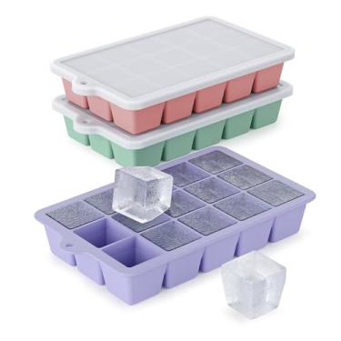 Imagem de Bandeja de silicone para cubos de gelo, pacote com 3 - Bandeja de cubos de gelo de liberação fácil com tampa, bandejas de cubos de gelo sem BPA para freezer, molde de cubo de gelo para coquetéis