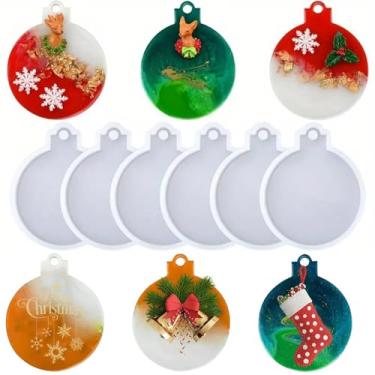 Imagem de 6 moldes de resina de silicone de Natal – Moldes de enfeite de epóxi de forma redonda branca para decoração de árvores, artesanato DIY, chaveiro e pingente