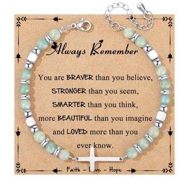 Imagem de JoycuFF Presentes Cristãos para Mulheres Pulseira Cruzada Fé Páscoa Católica Religiosa Joias Cristãs, Batismo Significativo Comunhão Contas Naturais Pulseiras, 7, Sem Pedra Preciosa