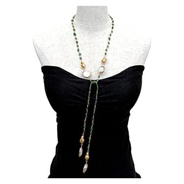 Imagem de URMIBDAI Colar longo com pingente de pérola e moeda branca cultivada diopsídio verde 104 cm