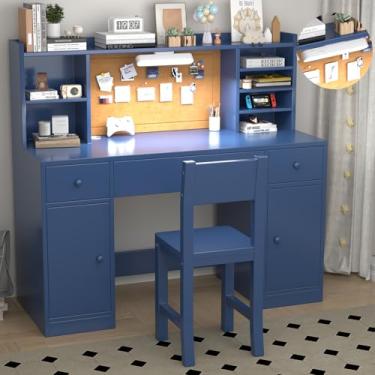 Imagem de RUPOLX 48x20Inch Wooden Blue Kids Study Desk and Chair Set with Light, 3 Drawers and 4 Storage Cabinets, Children Desk with Hutch and Shelves, Girls Study Desk for Kids Bedroom-002