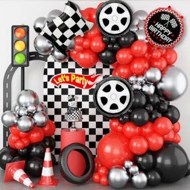 Imagem de Kit de guirlanda de arco de balão de carro de corrida, 103 peças de balões vermelhos e pretos prateados com bandeiras quadriculadas e balões de rodas, para festas de aniversário temáticas de corrida