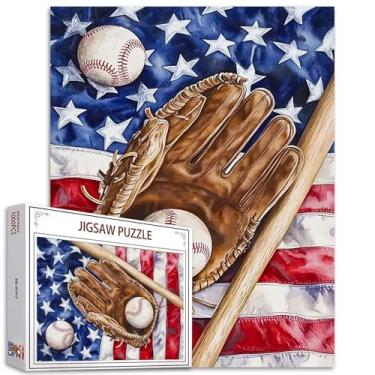 Imagem de Quebra-cabeça com bandeira da América nativa 1000 peças para adultos pintura de beisebol luvas de bola 1000 peças quebra-cabeças equipamentos esportivos artesanato faça você mesmo quebra-cabeça mágico