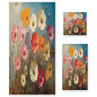 Imagem de ATTX Conjunto de toalhas de banho com pintura a óleo de flores silvestres de 3 peças - Ultra macio e de secagem rápida, toalhas de mão absorventes de grau de hotel e spa para banheiro #315