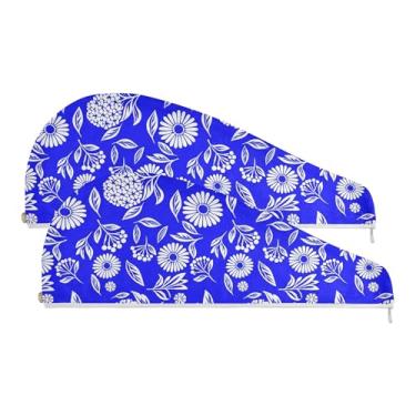 Imagem de SEHANY Bohemia Toalha de cabelo de microfibra flor azul para mulheres 2 peças turbantes de cabelo de secagem rápida com botão, touca de cabelo seco absorvente toalha de secagem de cabelo para cabelos