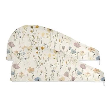 Imagem de SEHANY Toalha de cabelo de microfibra de flores coloridas elegantes para mulheres, 2 peças, turbantes de cabelo de secagem rápida com botão, touca de cabelo seco absorvente toalha de secagem de cabelo