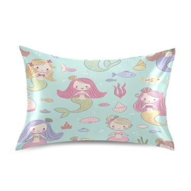 Imagem de Blueangle Linda fronha de cetim sereia para cabelo e pele, fronha de seda, tamanho Queen (50,8 x 76,2 cm) - Capas de almofada de cetim refrescantes com fecho de envelope (668)